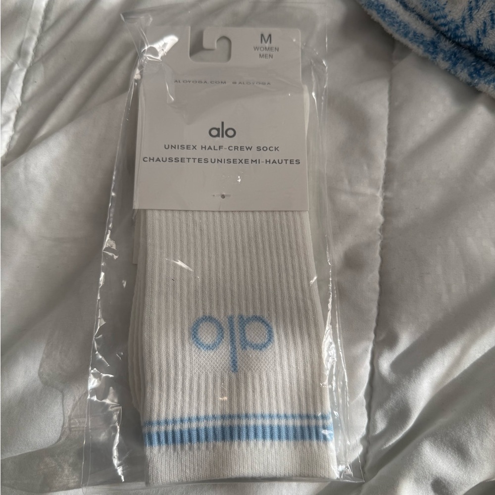 ALO Yoga White Socks with Blue Stripes